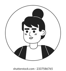 Attractive cheerful woman monochrome flat linear character head. Lady with bun hairstyle and bangs. Editable outline human face icon. 2D cartoon spot vector avatar illustration for animation