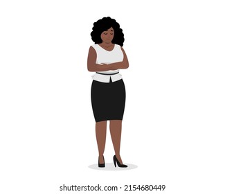 Atractiva y regordeta mujer de negocios negra de pie y triste. Infeliz obesa mujer de negocios afroamericana sobrepeso más cuerpo grande. Niña adulta gorda curvada de ébano. Problemas de sobrepeso femenino. Pasos vectoriales