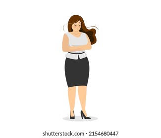 Attractive chubby businesswoman standing and sad. Unhappy obese business woman overweight plus size body. Curvy fat adult girl. Excess weight problems female. Vector isolated eps illustration
