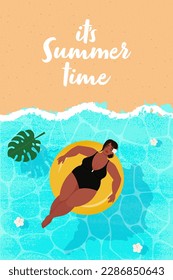 Attractive chubby woman on an inflatable circle in the sea. Vector illustration in flat style