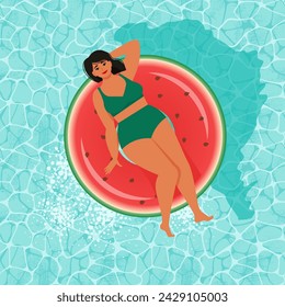 Attractive Chubby Woman in a swimsuit on an inflatable circle in the pool or sea. Vector illustration in flat style