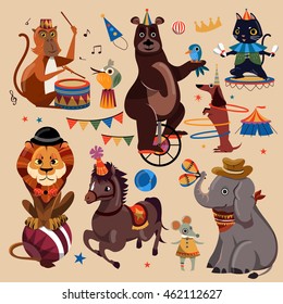 Attractive circus animals set with entertained tricks