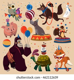 Attractive circus animals set with entertained tricks