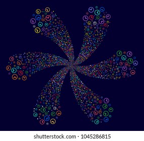 Attractive Clock cyclonic burst on a dark background. Suggestive centrifugal explosion created from scattered clock items.