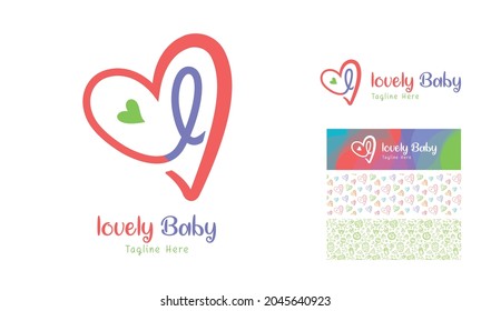 Attractive colorful butterfly love logo  with pattern and theme using letter L with baby icon pattern using colors red, blue, pink, orange, green for baby product brand, preschool nursery designs