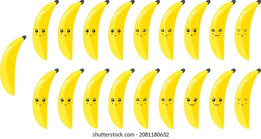 Attractive and colorful fruit vector icon set of banana emoji faces. These faces represents happy, sad, cry, smile, cute, surprise, sleepy, odd, normal, feelings.