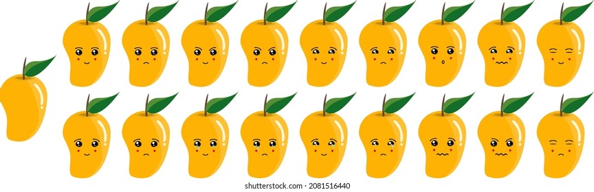 Attractive and colorful fruit vector icon set of mango emoji faces. These faces represents happy, sad, cry, smile, cute, surprise, sleepy, odd, normal, feelings.