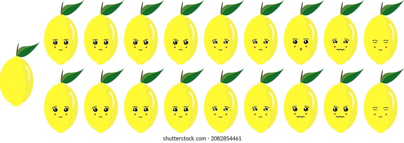 Atractivo y colorido conjunto de íconos vectores de frutas de rostros emoji limoneros. Estos rostros representan sentimientos felices, tristes, llorosos, sonrientes, lindos, sorpresivos, somnolientos, extraños, normales.