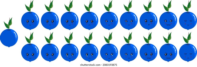 Attractive and colorful fruit vector icon set of blueberry emoji faces. These faces represents happy, sad, cry, smile, cute, surprise, sleepy, odd, normal, feelings.