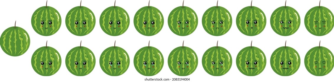 Attractive and colorful fruit vector icon set of watermelon emoji faces. These faces represents happy, sad, cry, smile, cute, surprise, sleepy, odd, normal, feelings.