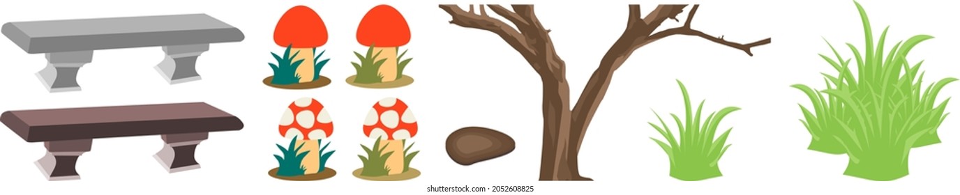 Attractive and colorful vector set of dry tree, bench, wooden log, mushroom and grass plants as icon for garden decorations.