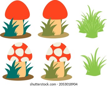 Attractive and colorful vector set of mushroom and grass plants as icon for garden decorations.