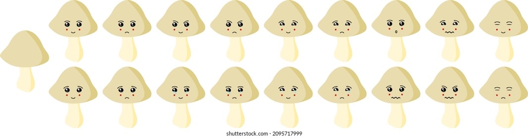Attractive and colorful vegetable vector icon set of mushroom emoji faces. These faces represents happy, sad, cry, smile, cute, surprise, sleepy, odd, normal, feelings.