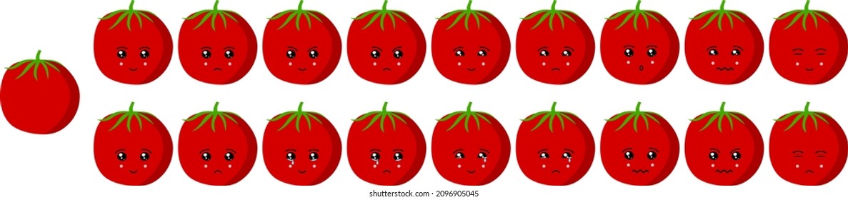 Attractive and colorful vegetable vector icon set of tomatoes emoji faces. These faces represents happy, sad, cry, smile, cute, surprise, sleepy, odd, normal, feelings.