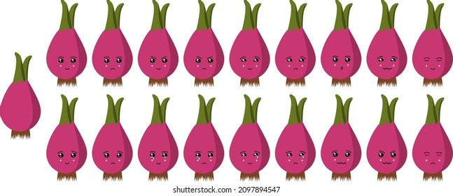 Attractive and colorful vegetable vector icon set of onion emoji faces. These faces represents happy, sad, cry, smile, cute, surprise, sleepy, odd, normal, feelings.