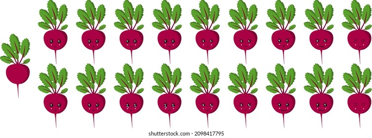 Attractive and colorful vegetable vector icon set of beetroot emoji faces. These faces represents happy, sad, cry, smile, cute, surprise, sleepy, odd, normal, feelings.