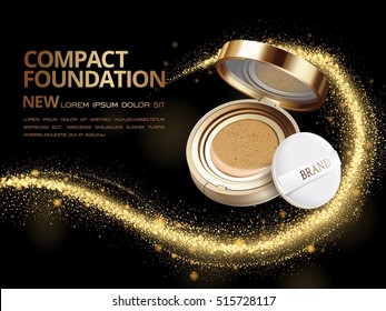 Attractive compact foundation ads, 3d illustration foundation product with glittering sequins or dust in the air