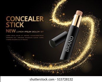 Attractive Concealer stick ads, 3d illustration foundation product with glittering sequins or dust in the air