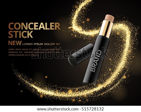 Attractive Concealer stick ads, 3d illustration foundation product with glittering sequins or dust in the air