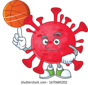 Atractivo diseño de caricaturas del coronavirus amoeba con baloncesto