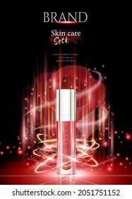 Attractive cosmetic ads, red packaging skincare  in 3D illustration, glitter particles elements