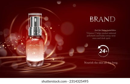 Attractive cosmetic ads, red packaging skincare on red color background in 3D illustration, glitter particles elements
