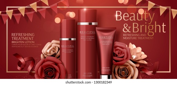 Attractive cosmetic banner ads with paper roses on red bokeh background in 3d illustration