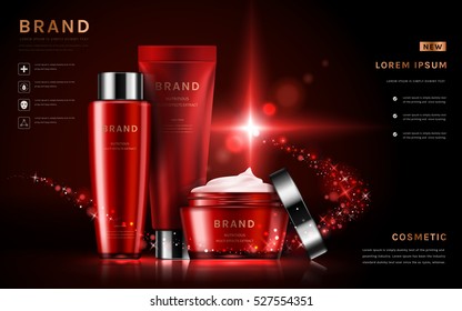 Attractive cosmetic set ads, red packaging skincare sets in 3D illustration, glitter particles elements