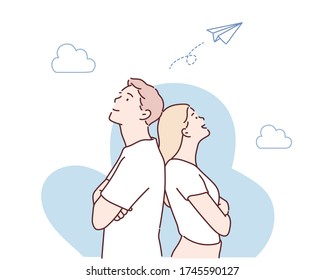 attractive couple leaning back to back with arms crossed. Hand drawn style vector design illustrations.