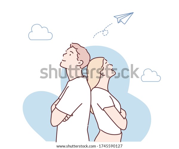 attractive couple leaning\
back to back with arms crossed. Hand drawn style vector design\
illustrations.