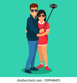 Attractive couple photographing themselves for a blog using mobile smart phone on selfie stick. Flat style vector illustration isolated on white background.