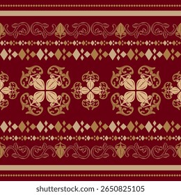 Attractive Cozy Florals Folk Motif Filigree Royal Ornament Design with Golden Silk Weaves on Deep Red Background Luxury Detailed Seamless Border Pattern. Delicate Art Work For Embroidery Clothes Batik