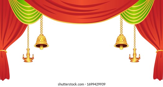 Attractive and creative design of decorative curtains in red and green colors with some hanging lamps and bells in a very professional design.