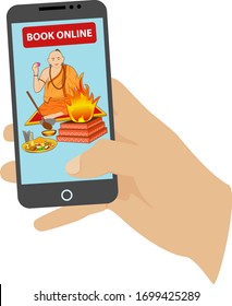 Attractive and creative design of the Indian priest panditji performing havan pooja and can be booked by smart mobile phone with mobile app.