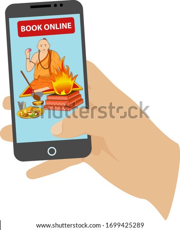 Attractive and creative design of the Indian priest panditji performing havan pooja and can be booked by smart mobile phone with mobile app.