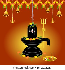 Attractive and creative design of the lord shiva linga in a very professional style with some hanging bells and lamps, pooja tray, triple head spear in a very simple design.