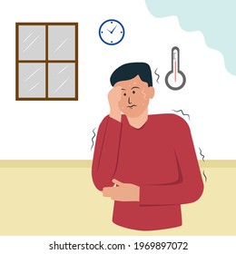 Attractive and creative design of the  man with the fewer temperature symptoms and shivering in the body. Thermometer in the background.