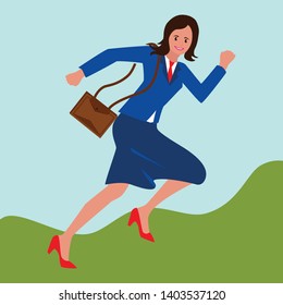 Attractive and creative design of a professional business office women running with the bag on the shoulder.