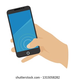 Attractive and creative design of a smart phone in the hand, the thumb is touching the phone screen and some waves are appearing around the thumb.
