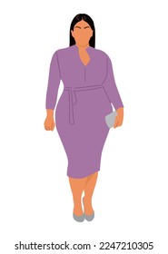 Attractive Curvy Business woman standing in smart casual outfit. Vector illustration of pretty plus size girl with long hair in fashionable office dress Isolated on white background.