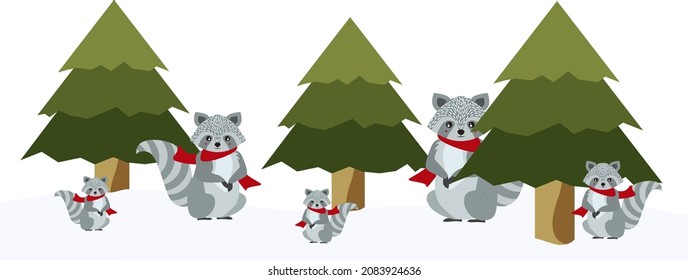 Attractive and cute Christmas pattern of vector snow scene. Trees and snow. This icon can use for Christmas greetings, winter, December, wild, animals, jungle, raccoon themes and concepts.
