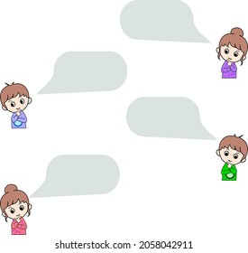Attractive cute kids with dialog box.  There are girls and boys in two sides. This chat diagram can use for present the thinking, communicating, talking concepts. There are bubble spaces or text.
