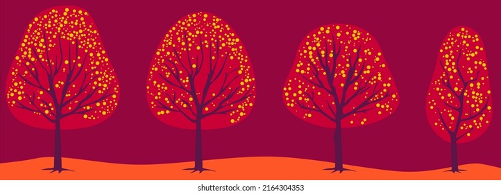Attractive and cute tree patterns. There are different tree types in red and orange color combination. different foliage and colorful plants.