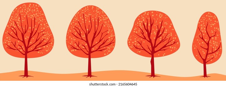 Attractive and cute tree patterns. There are different tree types in red and orange color combination. different foliage and colorful plants.
