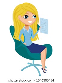 Attractive  cute young beautiful smiling female character. Full length. Business woman sitting on the chair. Colorful cartoon style, vector graphic illustration. Office concept. Isolated on white