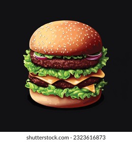 Atractiva y deliciosa hamburguesa de queso vectorial en un fondo oscuro