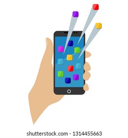 Attractive design of mobile in the hand with some apps on it in a very creative style, simple & colorful design.