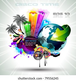 Attractive Disco Flyer Background with a lot of design elements icludiind a 3D globe for international latin music event posters.