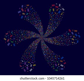 Attractive DNA rotation spin on a dark background. Impressive flower organized from random dna symbols.