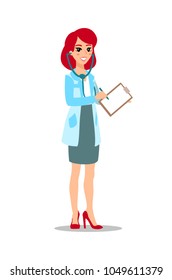 Attractive doctor. Funny character design. Cartoon illustration. Healthcare. Female medic personage.